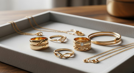 Wedding rings and jewelry in box on table, closeupの素材