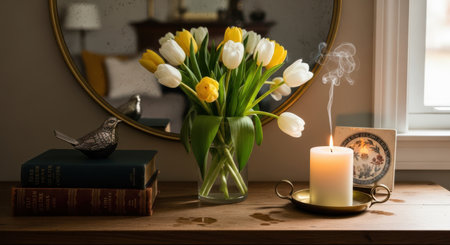 Bouquet of tulips and a candle on a wooden tableの素材