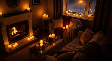 Cozy living room with fireplace, candles and pillows at nightの素材
