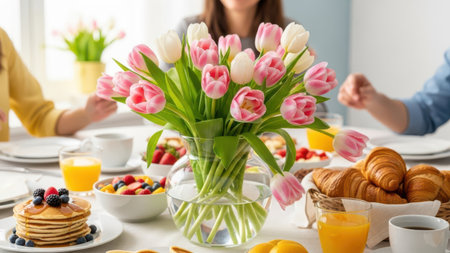 Close-up of a bouquet of spring tulips in a vase on the tableの素材