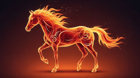 Horse in fire on a dark background. Vector illustration for your designの素材