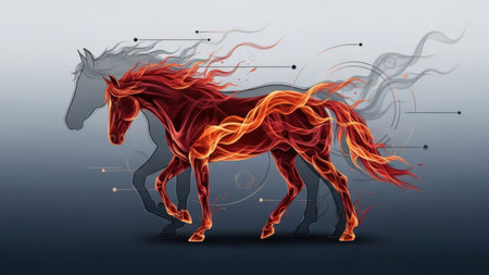 Horse in fire and smoke on dark background. Vector illustration.の素材