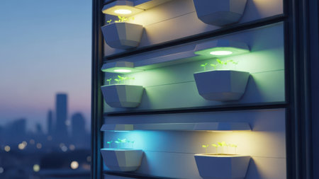 3d rendering of a modern bathroom in the city at night.の素材