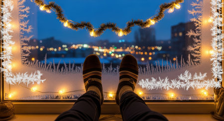Feet in warm socks on the background of the window with a view of the city.の素材