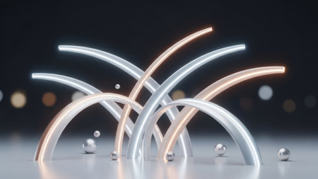 3d rendering of white background with neon light lines in the darkの素材