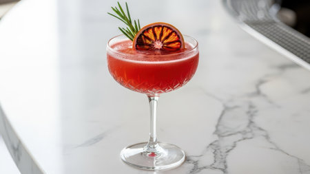 Cocktail with slice of orange and rosemaryle tableの素材