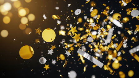 Golden confetti on black background. Festive concept. 3D Renderingの素材