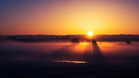Foggy sunrise over the city and the lake in the morningの素材