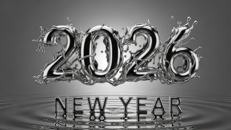2022 New Year with water ripples on grey background. 3D renderingの素材