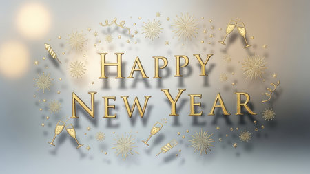 Happy New Year lettering on blurred background with fireworks. Vector illustration.の素材