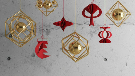 3d illustration of christmas decorations hanging on a concrete wall.の素材
