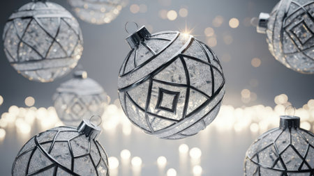 Silver christmas baubles on bokeh background 3D renderingの素材
