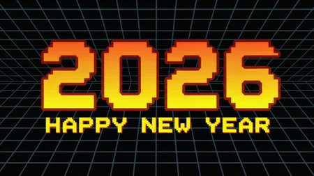 Happy new year 2016. Pixelated numbers. Retro game background.の素材