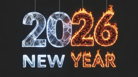 New Year 2016 written with fire on black background. 3D renderingの素材