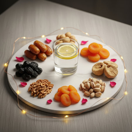 Composition with glass of lemonade, nuts and dried fruits on wooden tableの素材