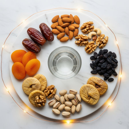 Dried fruits, nuts and glass of water on white marble background, top viewの素材