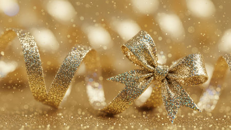 Golden christmas background with ribbon and bokeh defocused lightsの素材