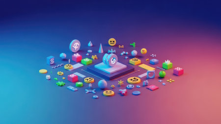 3d illustration of isometric cubes and game elements on color backgroundの素材