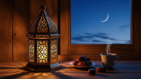 Lantern with dates, cup of coffee and crescent moon on wooden windowsillの素材