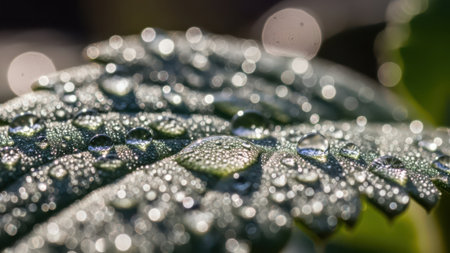Drops of dew on a green leaf in the morning.の素材