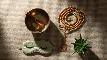 Religion image of rosary beads and face mask on carpetの素材