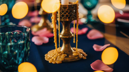 Candle in a candlestick on a table with candles and flowersの素材