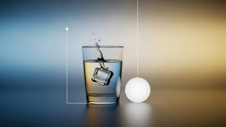Glass of whiskey with ice cubes and a white sphere. 3D renderingの素材