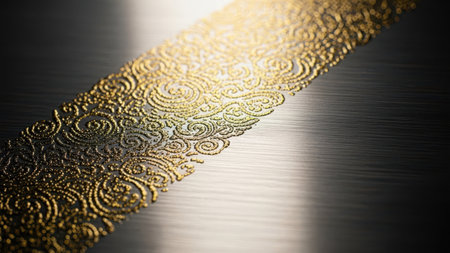 Close-up of a golden lace on a metal surface. Selective focus.の素材