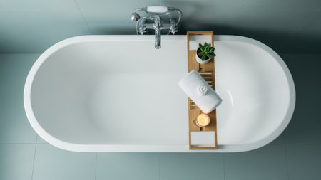 Top view of luxury white bathtub in modern bathroom with wooden shelf and towel, 3d renderingの素材