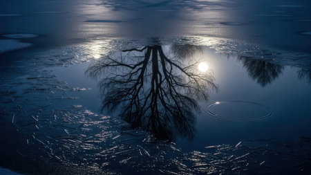 Fantasy landscape with frozen lake and old tree. 3d illustrationの素材