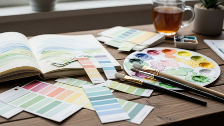 Paint palette, brushes and cup of tea on a wooden tableの素材