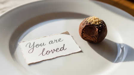 Chocolate truffles on a plate with a card saying You are lovedの素材