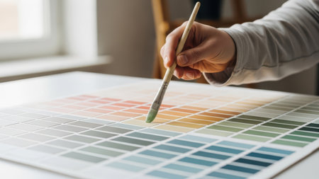 Close-up of a man's hand holding a paintbrush over a color paletteの素材