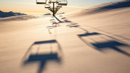 Ski lift with shadow of skiers on the snow in the mountainsの素材