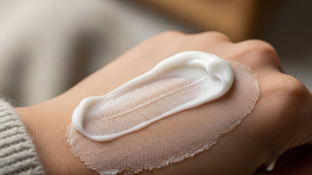 Close-up of female hand applying moisturizing cream on her handの素材