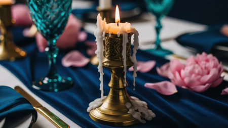 Festive table setting with candles and flowers in blue and gold colorsの素材