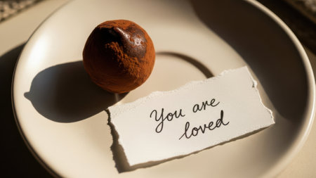 Cup of coffee with chocolate candies and a piece of paper with textの素材