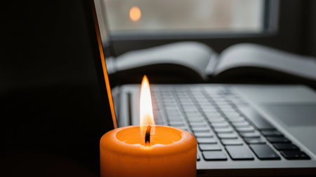 Close up of a burning candle in front of a laptop computer.の素材