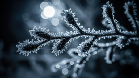 Frosty twig with snowflakes. Winter background.の素材
