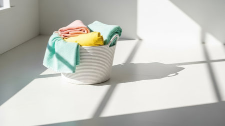 White laundry basket filled with freshly folded colorful towels. Soft sunlight casts geometric shadows on clean white floor, creating bright and airy atmosphere. Basket stands alone in minimalist room, highlighting simple aesthetic and natural light.の素材