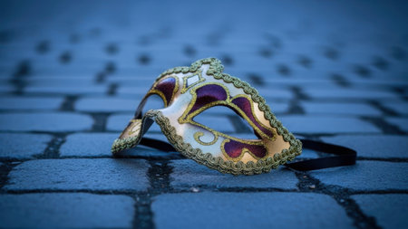 Elegant masquerade mask, gold and purple design, lying on blue cobblestone pavement, shallow depth of field. Festive venetian carnival mask, ornate decorative element, abandoned on a textured urban ground. Beautiful masquerade accessory, mystery and celebration. Ornate costume piece, traditional party item, forgotten on the street.の素材