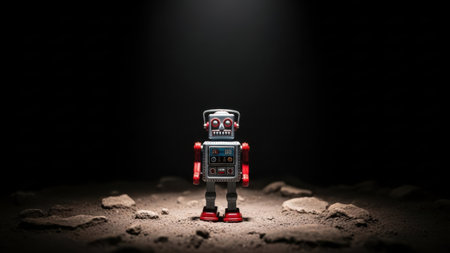 Vintage toy robot stands alone in spotlight on rocky ground. Dark background creating mood of isolation. Small metal figure illuminated from above. Science fiction theme with retro toy. Exploration and discovery concept. Miniature character in vast empty space. Melancholy and futuristic atmosphere. Old-fashioned technology on unknown terrain.の素材