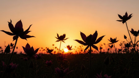 Elegant cosmos flowers silhouetted against a warm, glowing sunset sky. Dramatic floral scene at dusk with natural beauty. Orange and purple hues creating a tranquil atmosphere. Serene outdoor landscape with botanical elements. Peaceful evening light over field.の素材