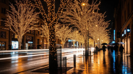 City street adorned with golden Christmas lights on trees creating a festive atmosphere. Wet pavement reflecting the dazzling lights, capturing the enchanting glow of the urban landscape. People with umbrellas walking along the illuminated sidewalk, showcasing vibrant night life and holiday cheer.の素材
