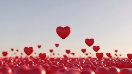 A boundless field filled with numerous red heart shapes, with some floating upwards into a clear, bright sky. This image symbolizes love, romance, affection, and celebration, perfect for Valentine's Day, anniversaries, or emotional themes. Abstract background with romantic symbols under a serene atmosphere.の素材