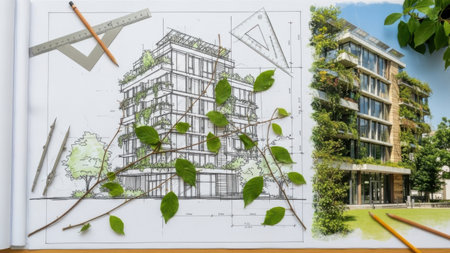 Architectural drawing illustrating a sustainable building design with green foliage. Realistic photo of an eco-friendly modern apartment building covered in plants. Conceptual blend of blueprint and reality showcasing green architecture. Sustainable living concept with nature integration. Environmental friendly urban planning idea.の素材