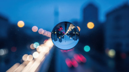 Crystal ball reflecting a blurred city street scene with bokeh lights at dusk. Inverted urban landscape within a glass sphere. Colorful streetlights and car trails creating a vibrant background. Magical perspective, unique view of a bustling cityscape. Evening ambience, abstract beauty of city life.の素材