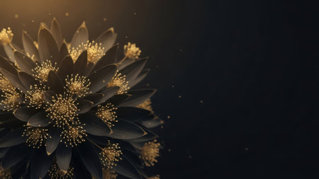 Luxurious dark gold floral arrangement. Abstract flower design. Shimmering particles creating sparkle. Black background with empty space. Elegant backdrop. Modern art. Opulent decoration. Glimmering lights. Festive event element. Sophisticated imagery. Rich color palette. Glamorous presentation. High contrast composition. Magical ambiance.の素材