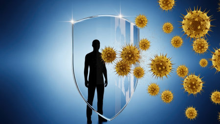 A powerful conceptual image illustrating human immunity and protection against viruses. A transparent shield visually defends a human silhouette from attacking viral particles. This represents health defense, vaccine effectiveness, and biological resistance, ideal for medical or public health campaigns.の素材