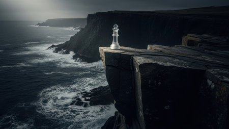 Solitary king chess piece on cliff. Glass chess king stands precariously on edge of rugged cliff. Dramatic ocean view with stormy waves crashing below. Overcast sky creates a moody atmosphere. Vast sea stretches to horizon, emphasizing isolation. Intense natural landscape scene with strategic game element.の素材
